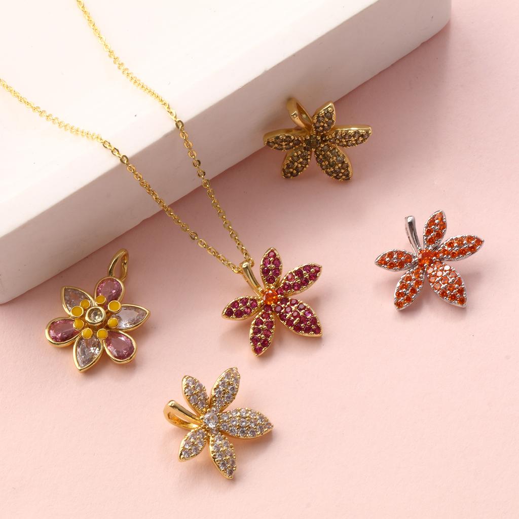 1 Piece Brass & Cubic Zirconia Pendants Multicolor Flower Leaf Micro Pave Charms For DIY Necklace Earring Jewelry Making Finding
