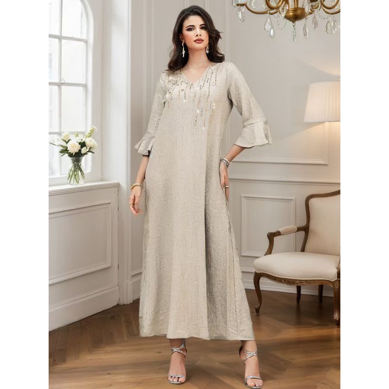 New Arrival Middle East V Neck Diamond Bell Sleeve Dress Robe V-neck Diamond Studded Dress