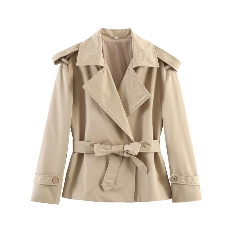 Women's Western-style Solid Color Belted Short Jacket Trench Coat Outerwear