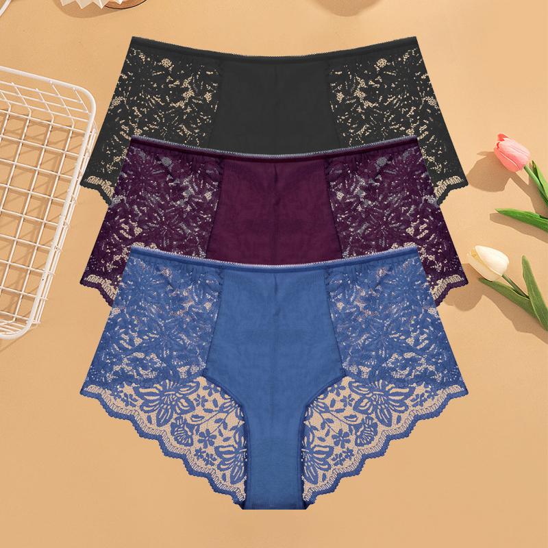 3Pcs Women's Lace Panties Sexy Hollow Out Boyshort Underwear Transparent Floral Underpants Girls Tempting Lingerie S-XXL