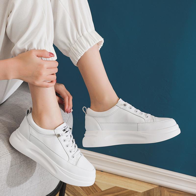 Women's Genuine Leather Mesh White Sneakers - 2024 Spring/Summer Lightweight Casual Height-Enhancing Thick-Soled Shoes