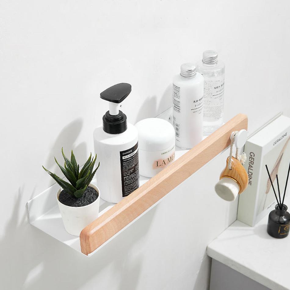 White Bathroom Shelf with Towel Bar Wood Aluminum Wall Mounted Lavatory Bath Shower Shampoo Soap Storage Holder Organizer Rack