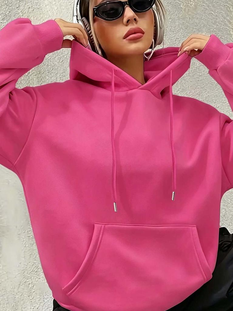 Women's Loose-fitting Hooded Long-sleeved Drawstring Kangaroo Pocket Pullover Hoodie, Casual Street Style, Autumn Daily Wear