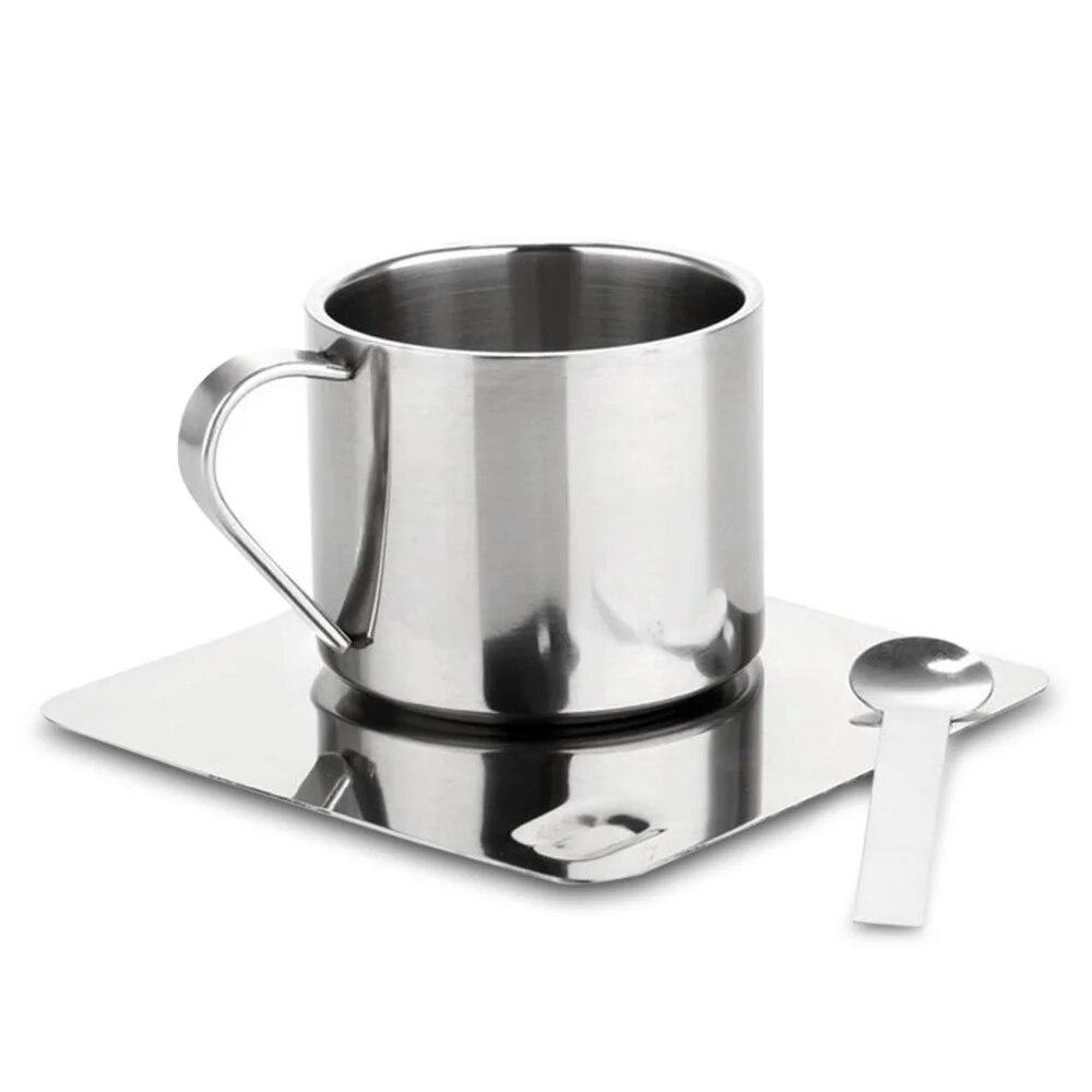 

Побутова чашка для кави та чаю з нержавіючої сталі з блюдцем та ложкою, з подвійними стінками, термочашка для гарячих та холодних напоїв, чашка для лате, капучино, молока срібний