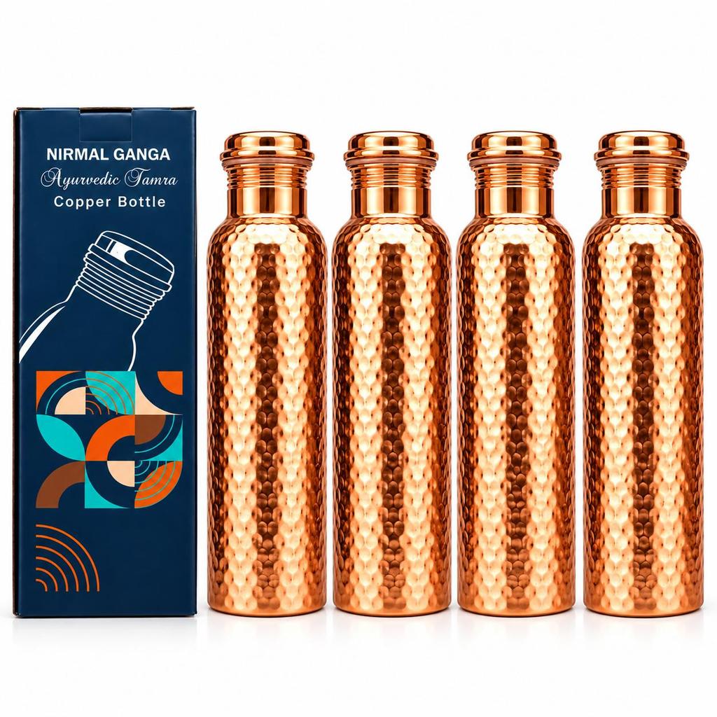 Nirmal Ganga Traditional Hammered Copper Bottle 1L (Pack of 4) | Pure Copper Water Bottle