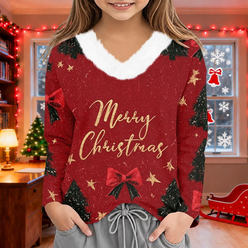Girls' V-Neck Christmas Print Long Sleeve Thermal Shirt for Winter Base Layer