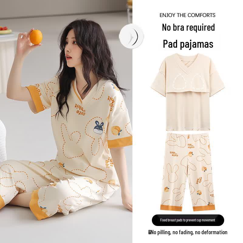 FENTENGCARE Women s Cloud Cotton Short Sleeve 3/4 Pants Pajama Set L (165cm)
