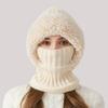 3 In 1 Women Knitted Scarf Hat Plush Ball Decor Windproof Warm Snow Cap Solid Color Fleece Lining Outdoor Activity Hat