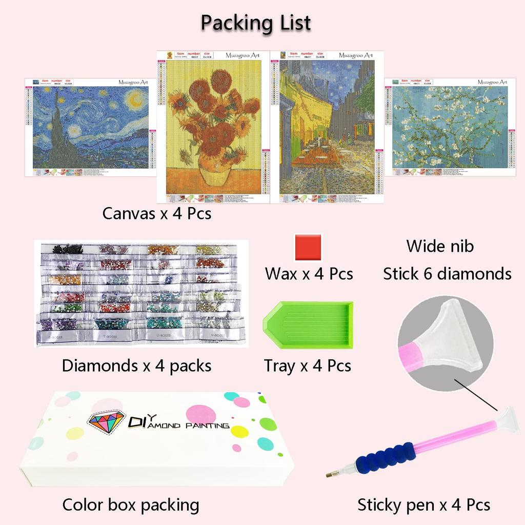 Fokenzary Van Gogh Diamond Painting Kit for DIY 5D Diamond Art Kit for Starry Night Sunflower Craft for Living Kids 4 Piece Wall Art Adults,
