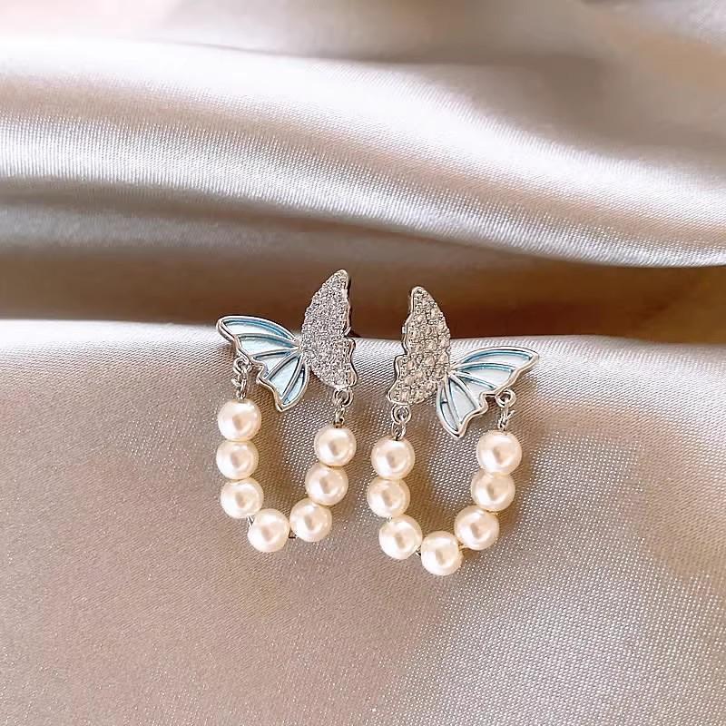Blue butterfly pearl stud earrings women s design high-end earrings exquisite fashion earrings