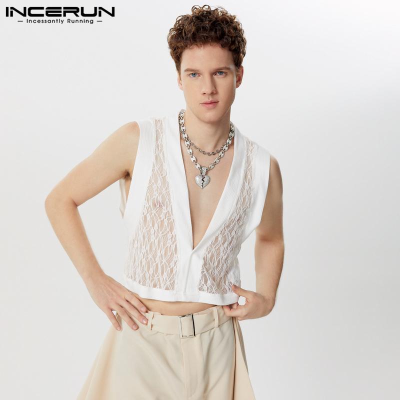 

INCERUN Мужские кружевные укороченные майки без рукавов, вязаные крючком, короткий жилет для вечеринок 3XL белый
