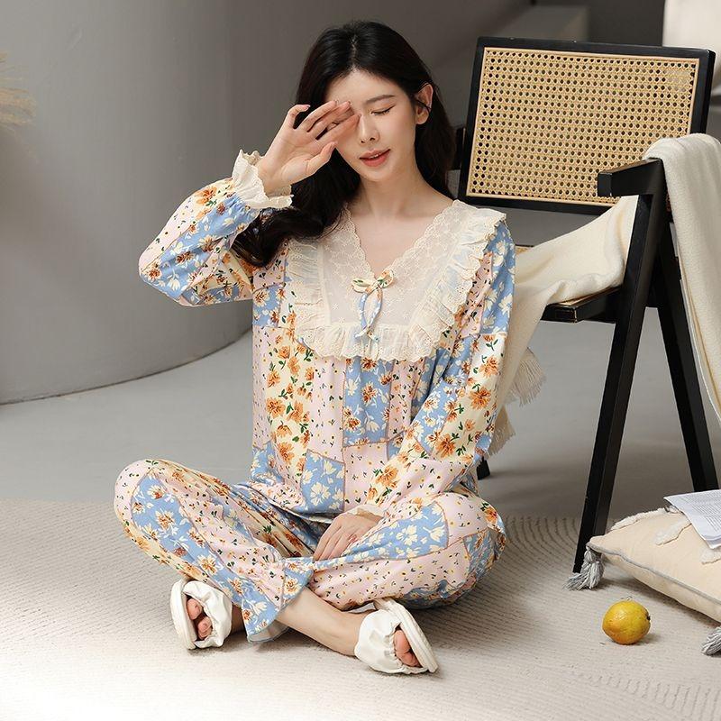 Large Size Plus 100 Pounds Pajama Suit Women's Spring and Autumn Pure Cotton Sweet Home Wear New Long-sleeved Trousers Home Wear Set