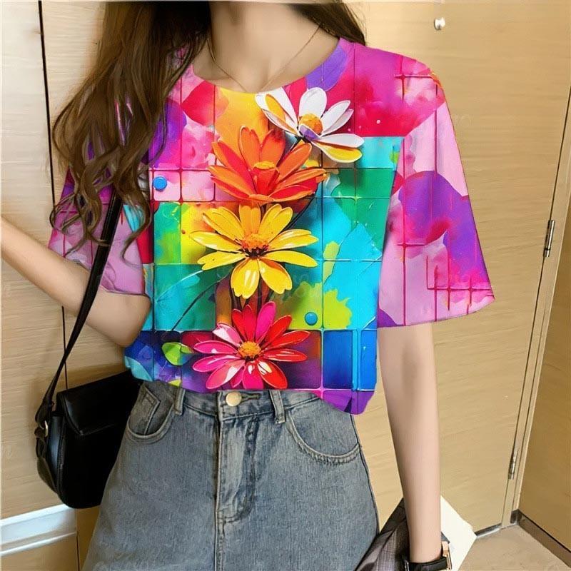 Floral Print T-shirt for Women - Casual Summer Top with 3D Flowers