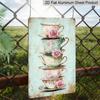 2D Flat, 1pc Vintage Tea Party Metal Wall Art Sign - 8x12 Inch Aluminum Floral Teacups & Roses Design, Rustic Distressed Edges, Pre-Drilled Holes for