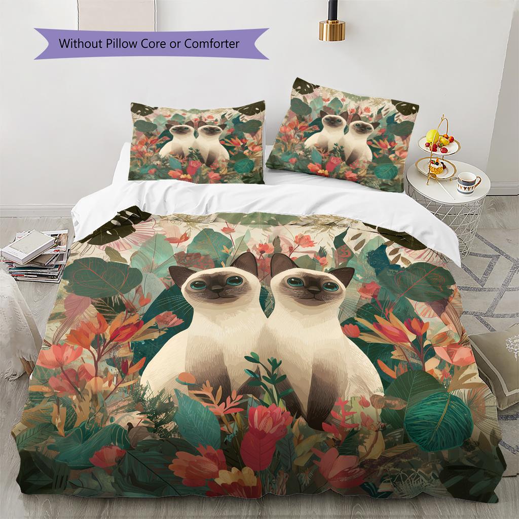 Siamese Cat and Plants Pattern Bedding Home Decoration Birthday Gift (1 * Duvet Cover + 2 * Pillowcase, Without Core)