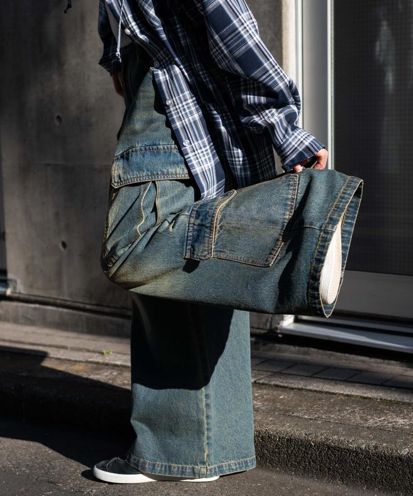 WEGO Vintage Wash Baggy Cargo Korean Dance Size Denim Pants, Wide-Leg Pants, Trousers, Bottoms, Streetwear, Casual, Style, Wear, Spring, Summer,