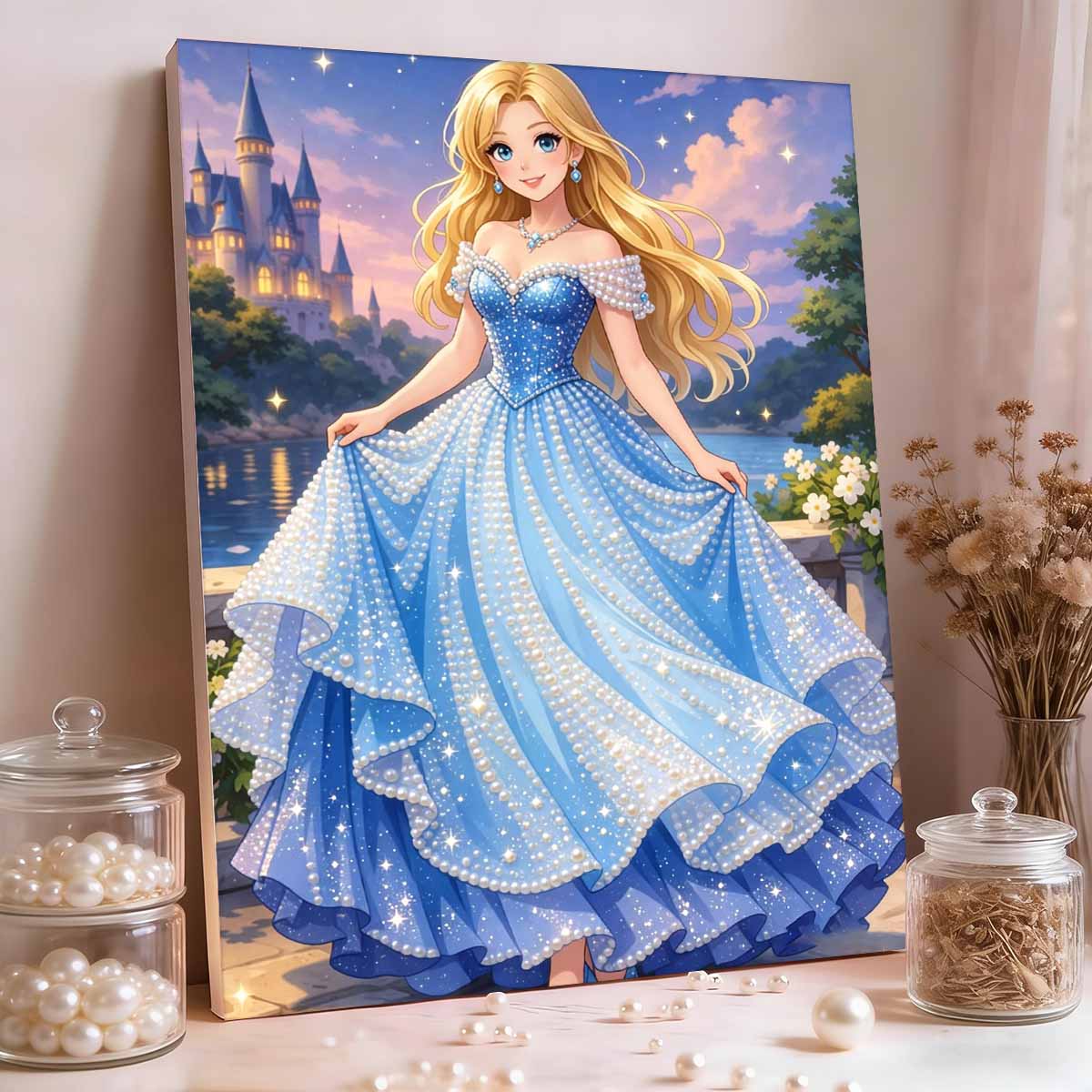 

Starry Castle Cinderella New Pearl-Inlaid Frameless Art | Handmade Pearl Craft, Castle Lake Starry Theme, for Romantic Fairy Tale Decor 35x45cm