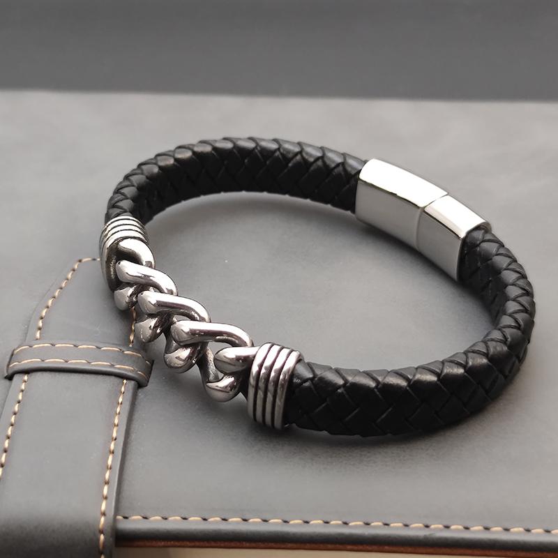 MingAo Luxury Chain Leather Braid Men Bracelet Stainless Steel Buckle Business Men's Bangles for Friend Partner Lovers Gift