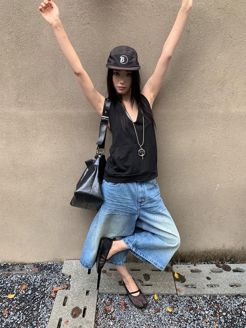 [9hour] 2025 Summer Women s A-line Wide-Leg Denim Mid-Length Shorts Small синий