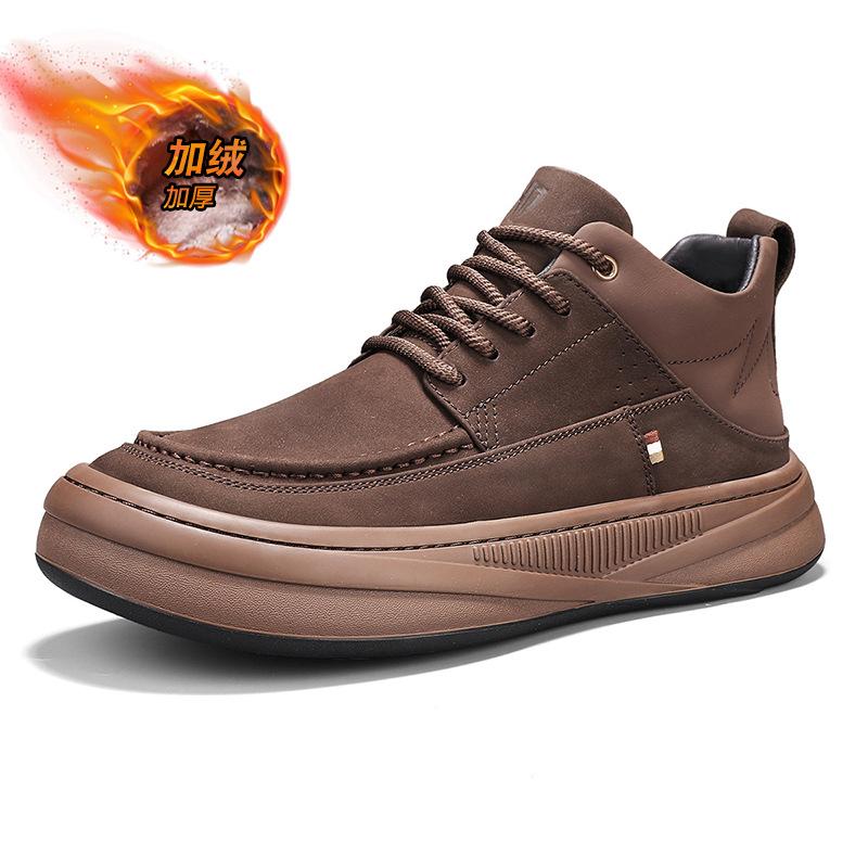Winter high-top men's casual shoes leather surface velvet thickened warm cotton shoes outdoor trend sports platform shoes