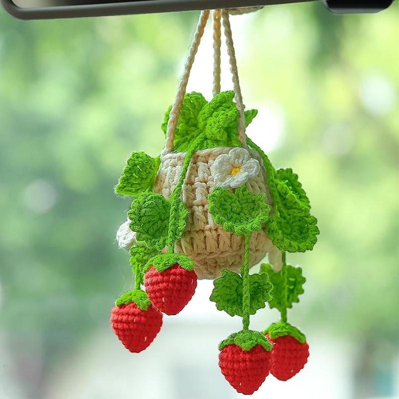 Strawberry Crochet Hanging Knitted Flower Car Mirror Hanging Accessories Cute Crochet Cars Decor Woven Plants Hanging