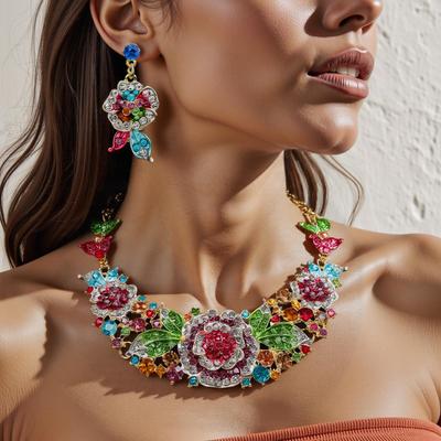 Exaggerated Rose Flower Jewelry Set: Necklace and Earrings for Bridal or Evening Wear