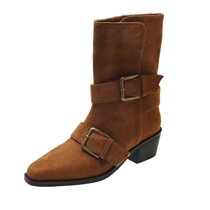 Niche design retro thick heel short boots women's boots new medium boots small square head western boots