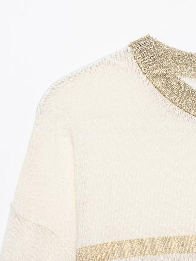2026 Spring Women's Metallic Thread Knit Striped Sweater - European & American Style, Round Neck, Color 7174