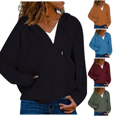 Women's Loose Slit Pocket Zip Solid Long Sleeve Hooded Sweatshirt Cardigan