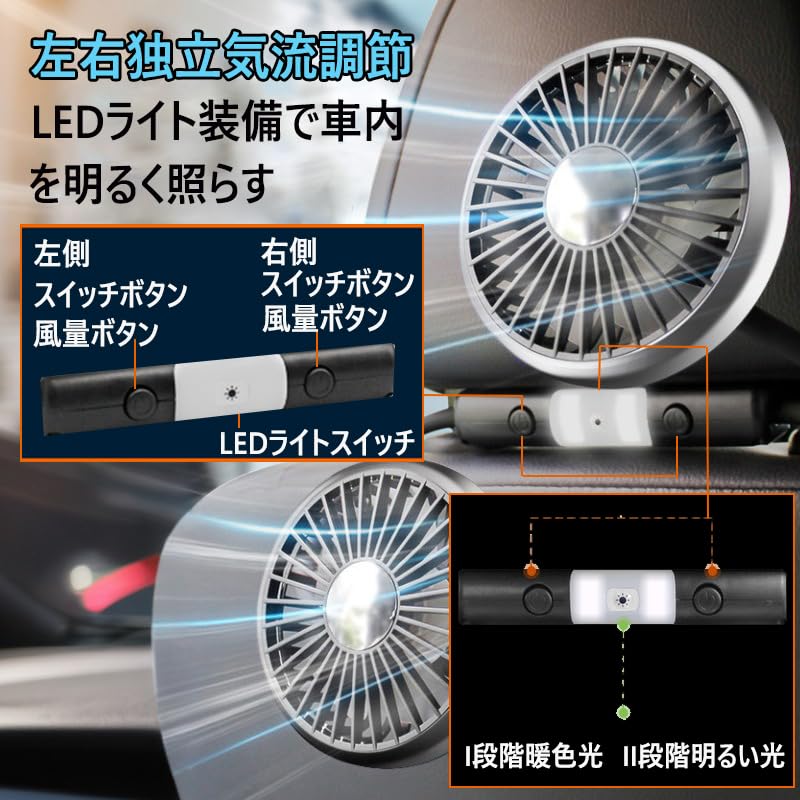 (New in Summer) Car Fan, Car Fan, USB Power Supply, Light Included, Double-Headed Headrest