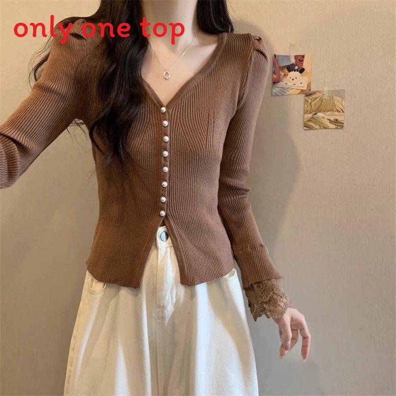 Private Lady Knit Cardigan With Lace Splicing And Princess Sleeves For Spring Wear
