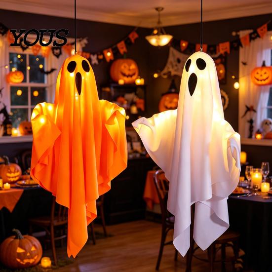 Window Hanging Ghost Ornament Halloween Glowing Decor, Fabric Light Up for Tree Door, Spooky Yard Patio Decoration Party, Trick or Treat Gift Outdoor