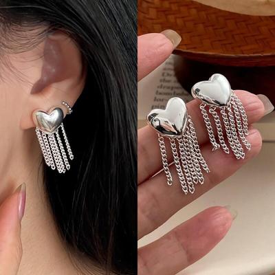 Women's S925 Silver Vintage Heart Chain Tassel Earrings