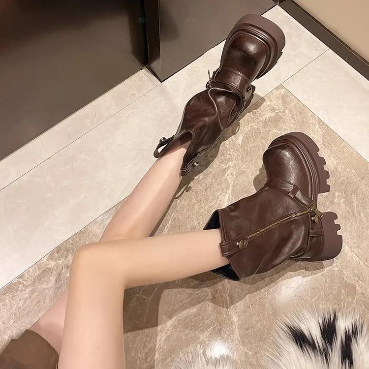 Móda 2025 PU Kůže Jarní Boty s Kulatou Špičkou Motorkářské Boty Dámské Kotníkové Boty Dámská Móda Komínové Podzimní Mokasíny