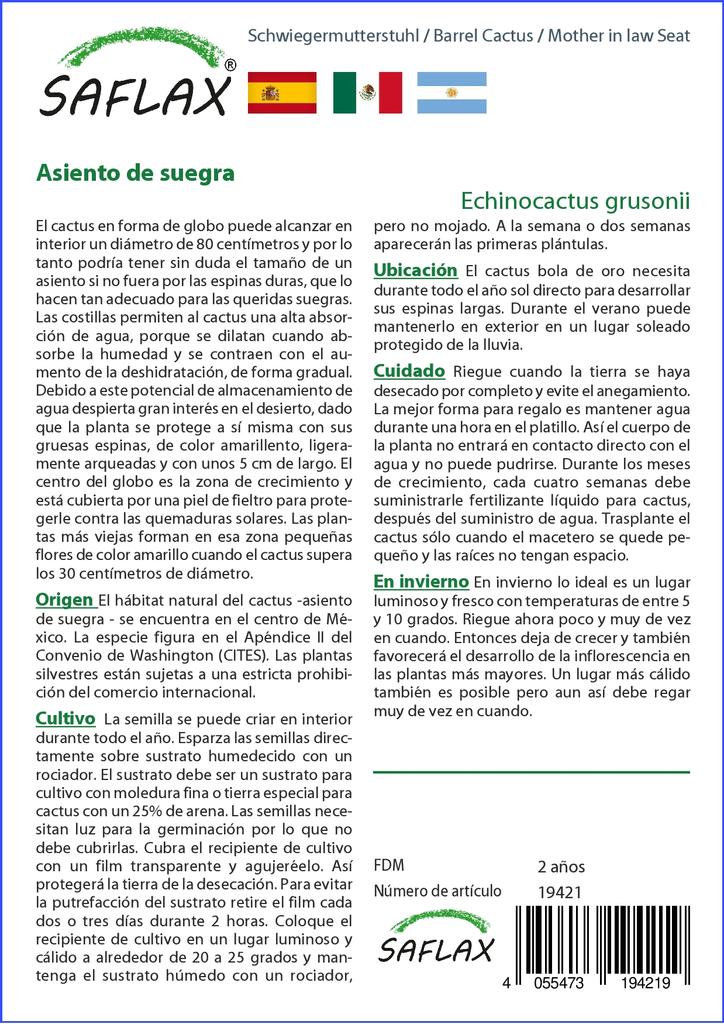 SAFLAX Garden In the Bag - Barrel Cactus / Mother In Law Seat - 40 Seeds - With Substrate In a Fitting Stand Up Bag - Echinocactus Grusonii