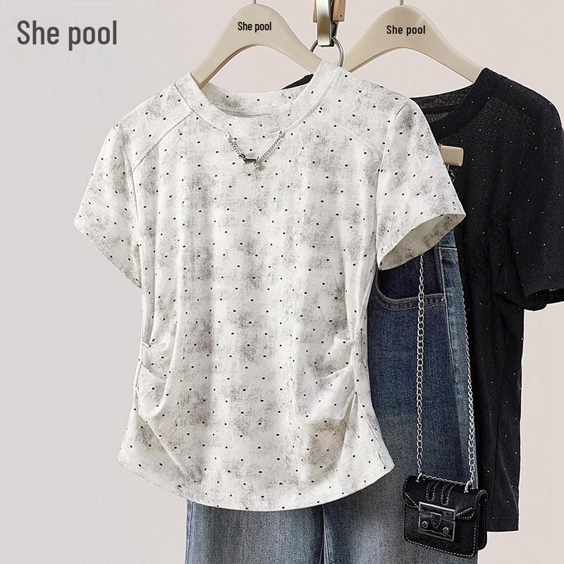 Women s Short Sleeve Polka Dot Pleated Slim T-shirt M