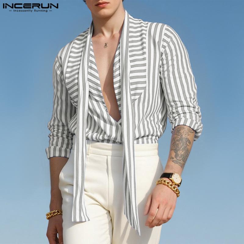 INCERUN Men Lapel Deep V Neck Long Sleeve Striped Print Casual Lace-up Shirts Tops