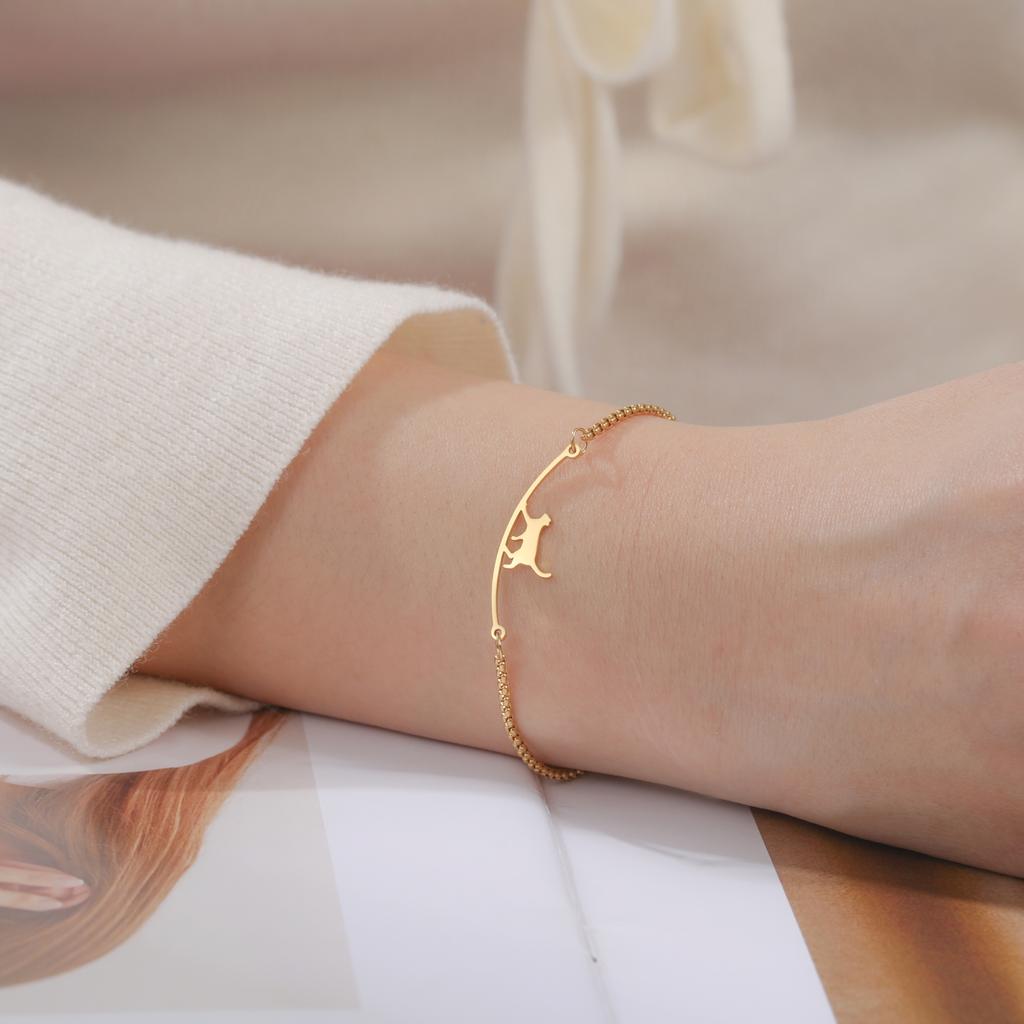 Cazador Stainless Steel Walking Cat Box Chain Bracelet for Women Animal Kitten Wax Rope Bracelet Jewelry Mother's Day Gift