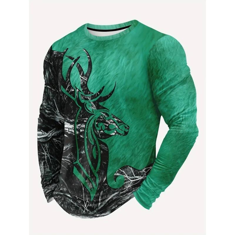 Vintage T-Shirt Animal Print Long Sleeve Tee Hunting Round Neck Shirt Fashion Spring Autumn Pullover Top Casual T Shirts for Man
