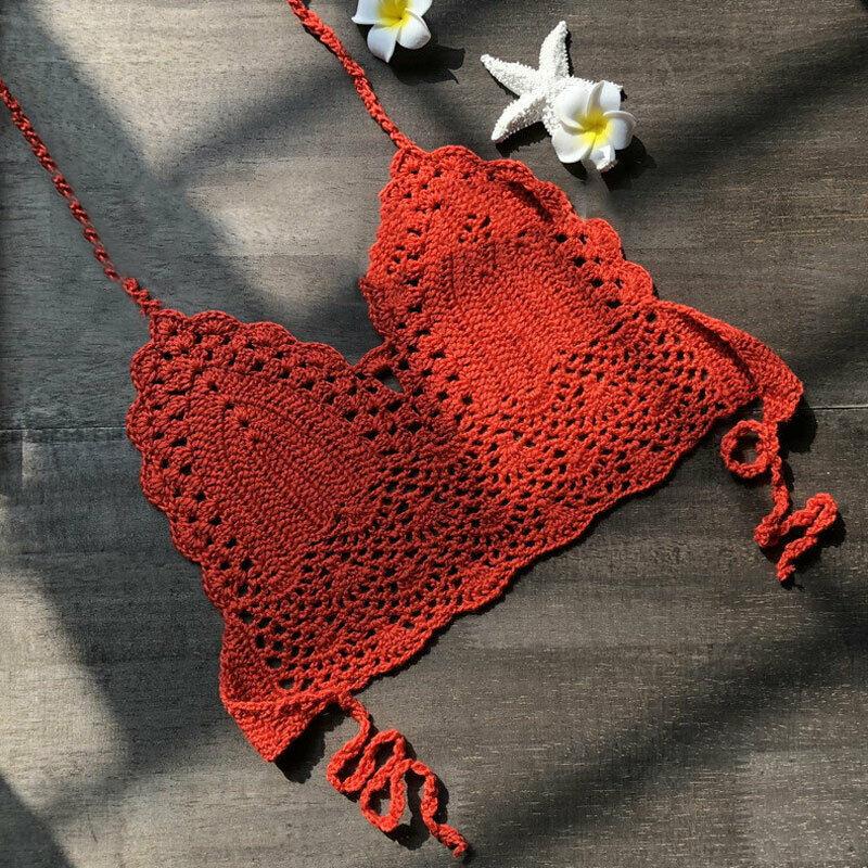 

Вязаный крючком кружевной женский жилет, кроп-топ, вязаный бюстгальтер, бохо пляжная одежда, бикини, праздничная майка S ржавый красный