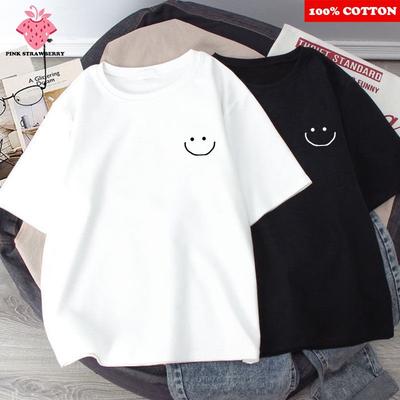Smiling Face Print White T-shirt Summer 2025 New 100% Cotton Short Sleeve Tee Loose Casual Y2k Top Clothing