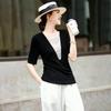 Lanseer French Beaded V-Neck Acetate Blend T-Shirt Top