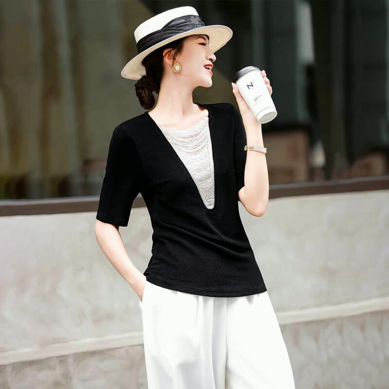 Lanseer French Beaded V-Neck Acetate Blend T-Shirt Top