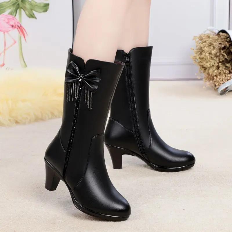Fashion Fleece-Lined Middle Heel Half High Boots for Women New Rock Gyaru in Gothic Mid Calf Shoes Woman Designer Luxury Work Footwear