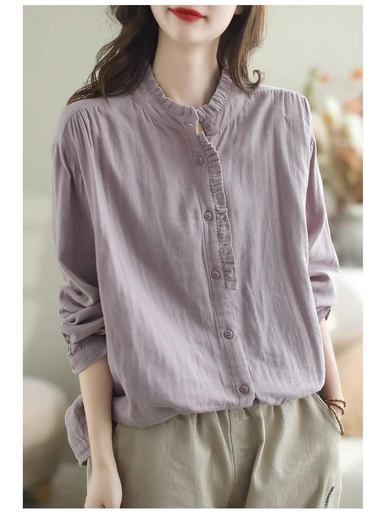 Women's Retro Cotton Linen Slimming Long Sleeve Shirt - Solid Color, Loose Fit for Spring & Autumn.