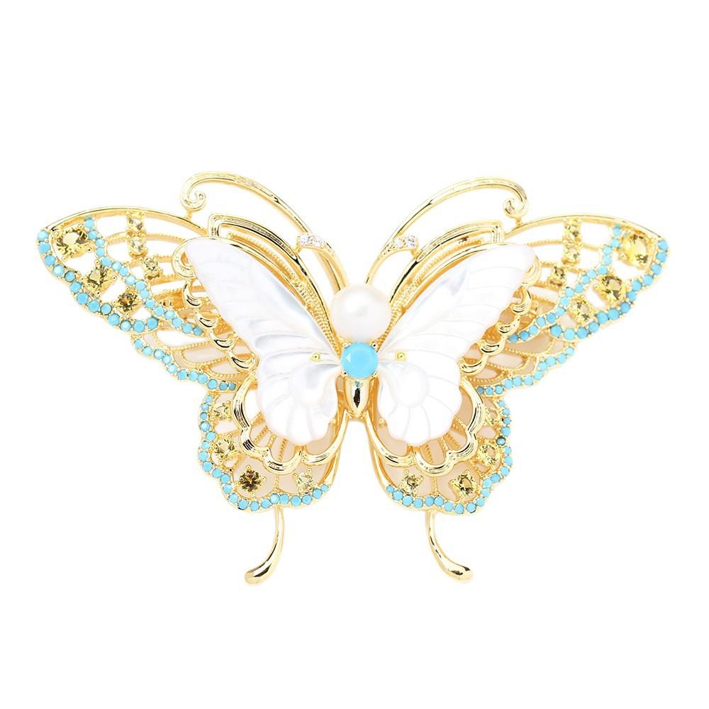 Light Luxury High-end Blue Zircon Inlaid Stone Butterfly Brooch Temperament Natural Fritillary Pearl Wings Insect Pin Female
