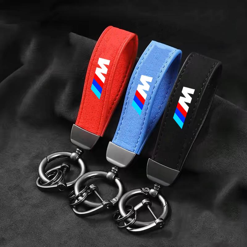 KQBU1 Car Styling Emblem Zinc Alloy Keyring Motorcycle Suede Leather Keychain for BMW M Performance E30 E34 E36 F21 F30 F35 M3 M5 X3