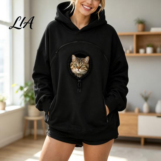 Dog Holder Hoodie Women Pet Carrier with Front Side Pockets, Solid Color Casual Hooded Loose Fit Sweatshirt Sweatshirt, Cat Carrying Pouch