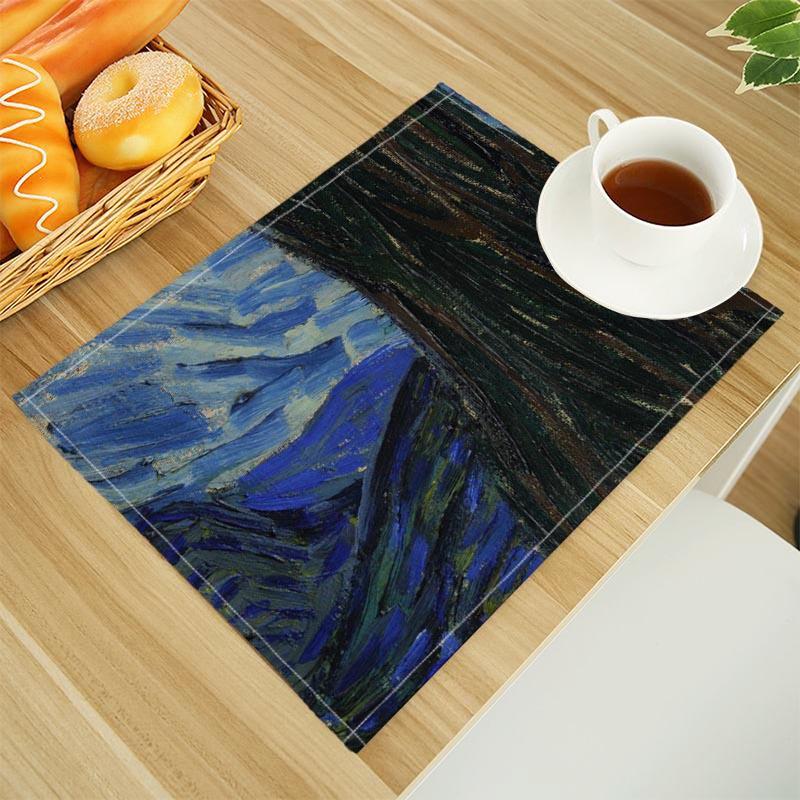 Van Gogh The Starry Night Print Linen Dining Table Mats Alphabet Kitchen Placemat 30X45cm Coasters Pads Bowl Cup Mat