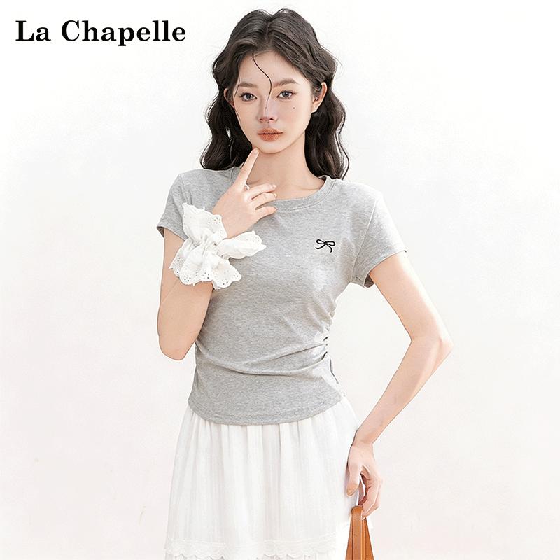 La Chapelle Women s Pleated Bow Embroidery Short Sleeve T-Shirt M